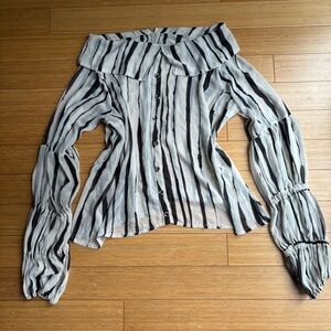 Black and white striped off the shoulder blouse with button up front